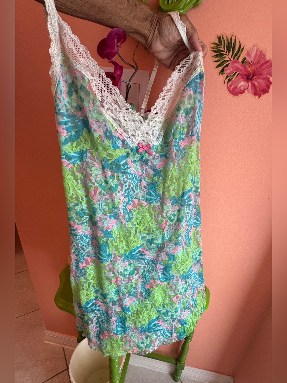 🦩🌴Lilly Pulitzer Hanky-Panky Floral Lace-Trim Chemise in Blue, Green & Pink🦩🌴